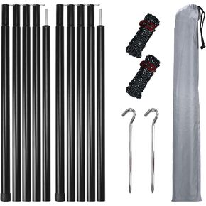 Neween Adjustable Tent Poles Steel Rods Telescoping Tarp Poles for Tent, Rain Fly, Awning, Hiking, Backpacking, Canopy Camping Replacement Set of 2 with Pegs & Reflective Ropes, Black