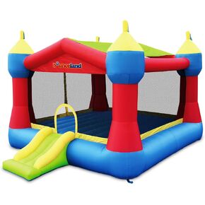 Bounceland نفخ Party Castle Bounce House Bouncer، 16 قدمًا طولًا × 13 قدمًا عرضًا × 10.3 قدمًا ارتفاعًا، طوق كرة السلة، سقف شمسي قابل للإزالة، منفاخ قوي UL متضمن، منطقة منزلق وممتعة، موضوع القلعة للأطفال