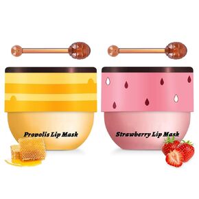 3 PCS Bee Lip Balm Honey Pot, Honey & Strawberry & Apple Lime Lip Mask Overnight Propolis Moisturizing Lip Balm Hydrating Prevention Dry and Crack Lip Scrubs Exfoliator Lip Wrinkle Care (Set A)