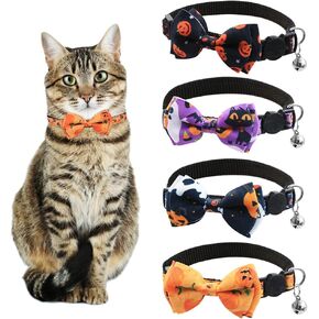 4 Pcs Adjustable Halloween Breakaway Cat Collar with Bowtie Bell, Soft Pumpkin Safety Quick Release Cat Bowtie Collars for Kitten Cat Puppy Small Dog Halloween Thanksgiving Party