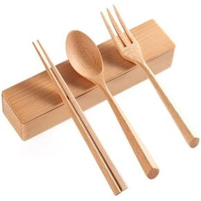 Sanrich Wood Cutlery Set Chopsticks Spoon Fork Kit with Case School Office Lunch Reusable Tableware Camping Flatware Dinnerware Travel Utensils
