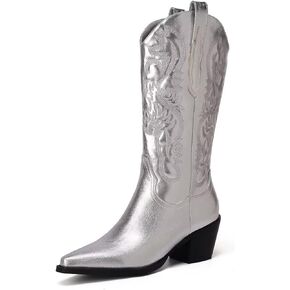 CIERWS Women's Embroidered Western Cowgirl Boots Cowboy Boots Knee High Medium Heel Chunky Heel Retro Classic Boot