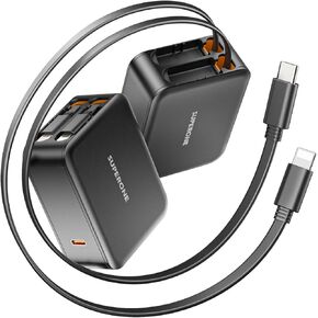 SUPERONE 62W Retractable Wall Charger with Dual Cables, Retractable Charger Adapter with Foldable Plug, 35W USB C Fast Charging for iPhone 16/15/14/13/12/11 Series, Pad, LG, Samsung and More