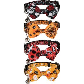 4pcs Halloween Cat Collar, Adjustable Dog Collar with Bow Printed Pumpkin Spider Ghost Skeleton Cat Collar Breakaway with Bell Cute Collar for Kitten Puppy