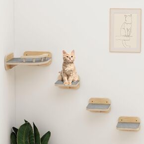 Megidok Cat Wall Furniture Corner Climbing Shelf Perches, Cat Bed Wall Mounted with 3 Wide Steps,Modern Floating Stairs for Wall Indoor Cats up to 30 Lbs for Cat - Wood Color