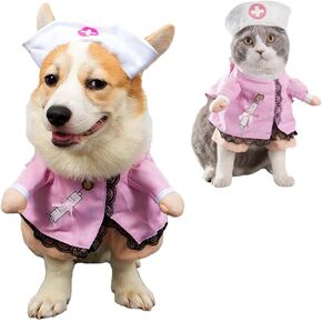 Dog Nurse Costume, Cute Dog Cat Halloween Costumes Cosplay Pet Nurse Uniform with Hat, Dog Clothes for Small Medium Dogs Cats Puppy Kitten, Dress Up Outfit Funny Clothing Party Apparel (Small)