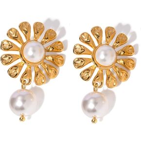 Flower Clover Gold Freshwater Pearl Dangle Earrings 14K Gold Plated Earrings S925 Hypoallergenic Jewelry Birthday Christmas Gift Valentine Gift for Her in Saudi Arabia