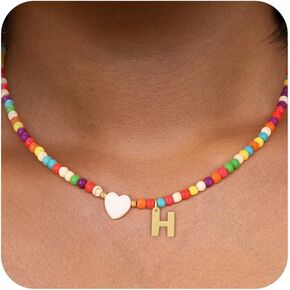 Colorful Beaded Initial Necklace for Girls - Trendy Handmade Choker Necklace with Stainless Steel Letter Charm and Heart Pendant, Bohemian Initial Necklace Perfect Jewelry Gift for Women and Teen Girls