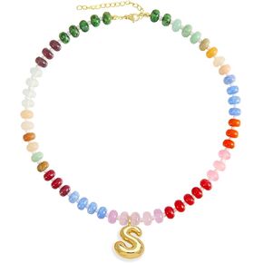 J&C DIY IMAGE Bubble Letter Pendant Charm Necklace for Womens, Handmade Trendy Initial Necklaces Choker,14K Gold Colorful Natural Stone Beaded Necklace, Perfect Jewelry Gift for Lover.