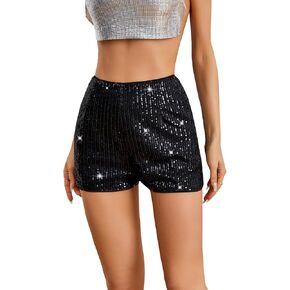 SweatyRocks Women's Sequins High Elastic Waist Straight Leg Shorts Solid Glitter Party Shorts