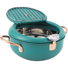 Tempura Deep Fryer Pot Thermometer, Dark Geen Frying Pot with Thermometer Japanese Stainless Steel Shrimp Oil Fryer Pan for Induction Cooker