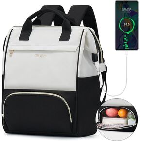 OIWAS Lunch Backpack for Women, 15.6 inch Laptop Backpack Insulated with USB Port, Work Backpack with Insulated Cooler Lunch Bag for Men Travel Work Travel Picnics Hiking, Beige Black