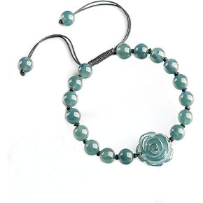 Real Jade bracelet for Women, Natural Jadeite Handmade Carved Peach Blossom Stretch Beaded Beads Jade Bangle Jewelry, Stress Relief Feng Shui Prosperity Blue-Green Jades bracelets,for Valentine's,Mother,Christmas