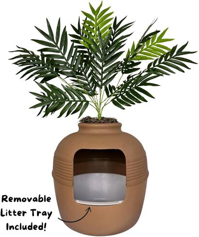 Good Pet Stuff، صندوق فضلات مخفي أصلي ومجموعة أساسيات بطانة قابلة لإعادة الاستخدام، صندوق فضلات مستدير مغلق للقطط مع نباتات صناعية، نظام تصفية رائحة الكربون، سهل التنظيف، أزرق كاريبي in Kuwait