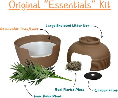 Good Pet Stuff، صندوق فضلات مخفي أصلي ومجموعة أساسيات بطانة قابلة لإعادة الاستخدام، صندوق فضلات مستدير مغلق للقطط مع نباتات صناعية، نظام تصفية رائحة الكربون، سهل التنظيف، أزرق كاريبي in Kuwait