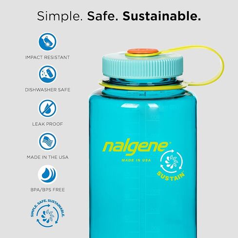 زجاجة مياه Nalgene Sustain Tritan خالية من مادة BPA مصنوعة من مواد مشتقة من 50% من النفايات البلاستيكية، 32 أونصة، فم واسع، رمادي مموه in Kuwait