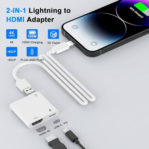 [معتمد من Apple MFi] محول Lightning إلى HDMI، محول شاشة 2 في 1 1080P iPhone إلى HDMI محول AV رقمي مع موصل منفذ شحن USB C متوافق مع iPhone لجهاز العرض/الشاشة/التلفزيون in Kuwait
