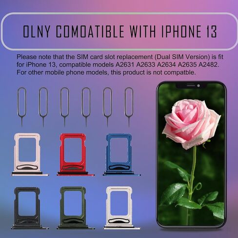 for iPhone 13 Dual 6 Color SIM Card Tray Holder Replacement with SIM Ejector Sim Card Starlight Midnight Blue Red Green Pink a Set SIM Card Slot for A2631 A2633 A2634 A2635 A2482 in Saudi Arabia
