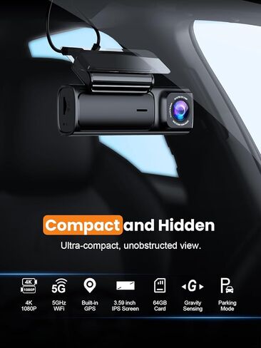 4K Dash Cam Front and Rear, Built-in 5G WiFi GPS, 64GB Card Included, 3.59'' IPS Screen Dash Camera for Cars, Dual Dashcam with G-Sensor, Loop Recording, WDR, Night Vision, 24H Parking Monitor in Saudi Arabia