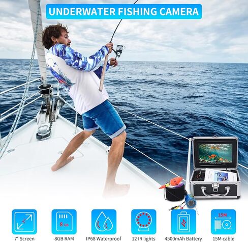 كاميرا جيلو لصيد الأسماك تحت الماء، جهاز كشف الأسماك بالفيديو DVR المحمول، كاميرا لصيد الأسماك على الجليد مع شاشة LCD مقاس 7 بوصات، مكتشفات عمق مقاومة للماء 1000TVL مع 12 قطعة من أضواء الأشعة تحت الحمراء للبحيرة والقوارب وصيد الأسماك على الجليد in Kuwait