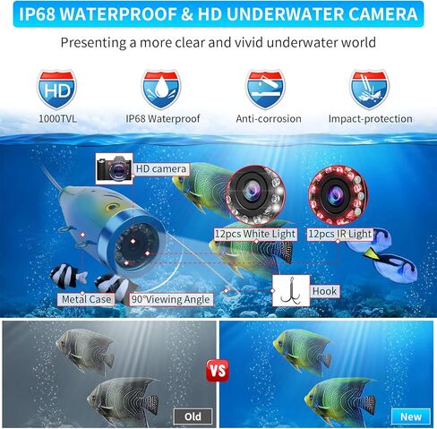 كاميرا جيلو لصيد الأسماك تحت الماء، جهاز كشف الأسماك بالفيديو DVR المحمول، كاميرا لصيد الأسماك على الجليد مع شاشة LCD مقاس 7 بوصات، مكتشفات عمق مقاومة للماء 1000TVL مع 12 قطعة من أضواء الأشعة تحت الحمراء للبحيرة والقوارب وصيد الأسماك على الجليد in Kuwait