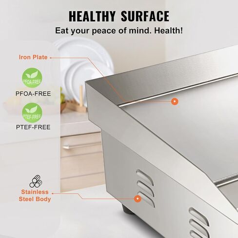VEVOR Commercial Electric Griddle, 22", 1600W Countertop Flat Top Griddle, Stainless Steel Teppanyaki Grill w/Non Stick Iron Cooking Plate, 122-572℉ Adjustable Temp Control 2 Shovels & Brushes, 110V in Saudi Arabia