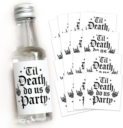 ملصق مع LOVE Til Death Do Us Party - ملصقات مشروبات العزوبية سعة 50 مل - هدايا حفلات العزوبية ذات الهيكل العظمي - العروس أو الموت - حقيبة هدايا باخ القوطية - ملصقات عزوبية الهالوين (العروس أو الموت) in Kuwait