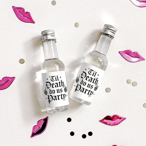 ملصق مع LOVE Til Death Do Us Party - ملصقات مشروبات العزوبية سعة 50 مل - هدايا حفلات العزوبية ذات الهيكل العظمي - العروس أو الموت - حقيبة هدايا باخ القوطية - ملصقات عزوبية الهالوين (العروس أو الموت) in Kuwait