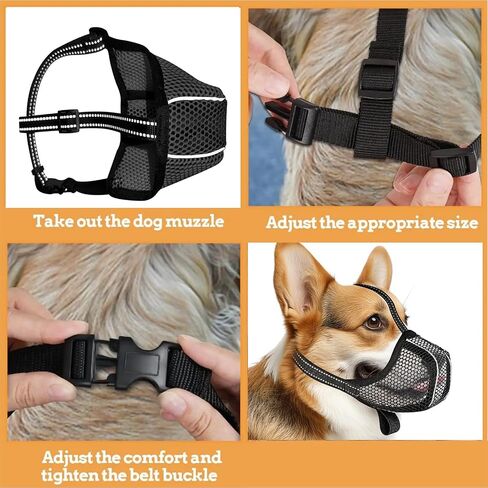 Mesh Soft Dog Muzzle, Reflective Small Medium Large Sized Dogs Muzzle for Nighttime Walks, Breathable Air Mesh Cage Mouth Guard Cover Muzzle to Prevent Biting Chewing Adjustable Head Strap (M,Black) in Saudi Arabia