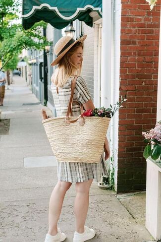FRENCH BASKET with double flat leather handles, straw bag, beach bag, basket bag, straw basket, shopping basket, wicker basket with handle, wicker basket (X-Large) in Saudi Arabia