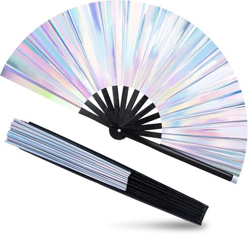 JOHOUSE Black Rave Folding Fan, Holographic Rave Fan Large Foldable Fan for Drag Queen EDM Music Festival Women in Saudi Arabia