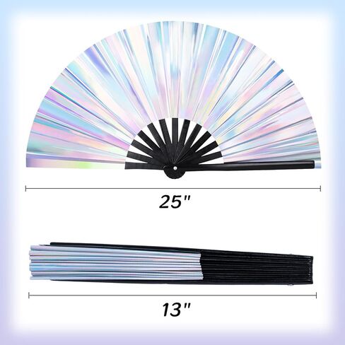 JOHOUSE Black Rave Folding Fan, Holographic Rave Fan Large Foldable Fan for Drag Queen EDM Music Festival Women in Saudi Arabia