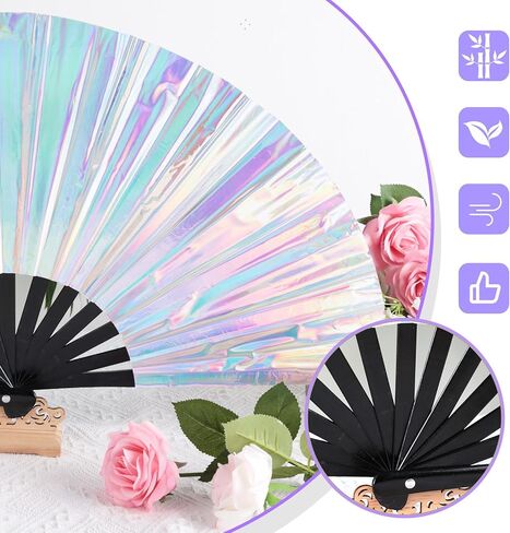 JOHOUSE Black Rave Folding Fan, Holographic Rave Fan Large Foldable Fan for Drag Queen EDM Music Festival Women in Saudi Arabia
