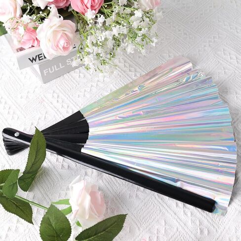 JOHOUSE Black Rave Folding Fan, Holographic Rave Fan Large Foldable Fan for Drag Queen EDM Music Festival Women in Saudi Arabia