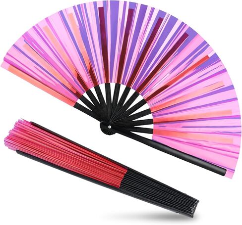 JOHOUSE Black Rave Folding Fan, Holographic Rave Fan Large Foldable Fan for Drag Queen EDM Music Festival Women in Saudi Arabia