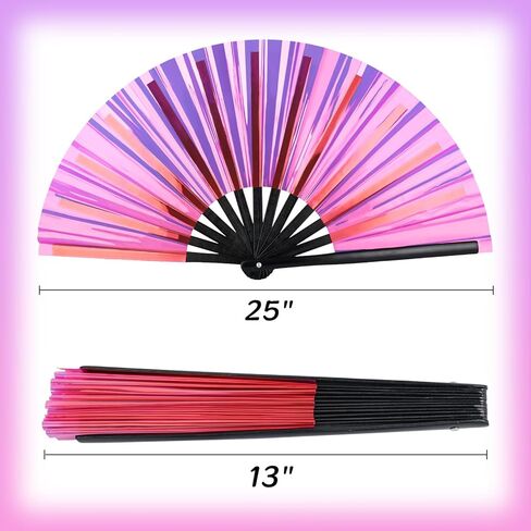 JOHOUSE Black Rave Folding Fan, Holographic Rave Fan Large Foldable Fan for Drag Queen EDM Music Festival Women in Saudi Arabia