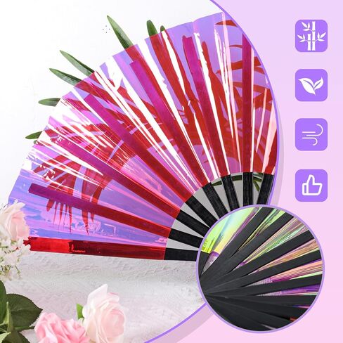 JOHOUSE Black Rave Folding Fan, Holographic Rave Fan Large Foldable Fan for Drag Queen EDM Music Festival Women in Saudi Arabia