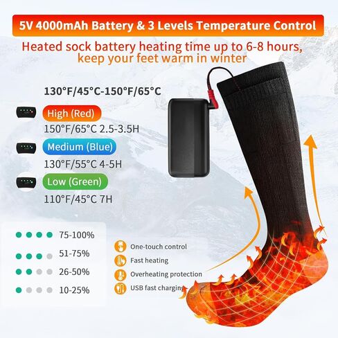 Heated Socks, Orznez Winter Wool Warm Socks for Men Women with 3 Heating Settings, Washable Electric Thermal Socks with 2Pcs 4000mAh Rechargeable Battery for Hiking Biking Skiing Hunting Outdoor Work in Saudi Arabia
