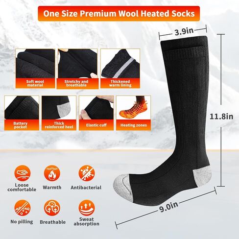 Heated Socks, Orznez Winter Wool Warm Socks for Men Women with 3 Heating Settings, Washable Electric Thermal Socks with 2Pcs 4000mAh Rechargeable Battery for Hiking Biking Skiing Hunting Outdoor Work in Saudi Arabia