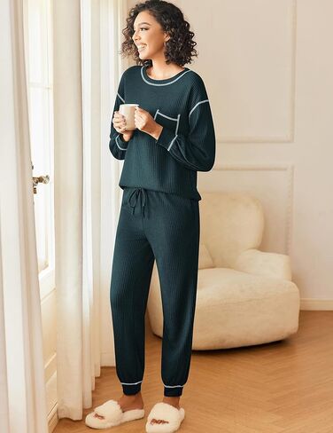 Ekouaer Womens Pajamas Set Waffle Knit Long Sleeve Lounge Set 2 Piece Pj Loungewear Sleepwear S-XXL in Kuwait