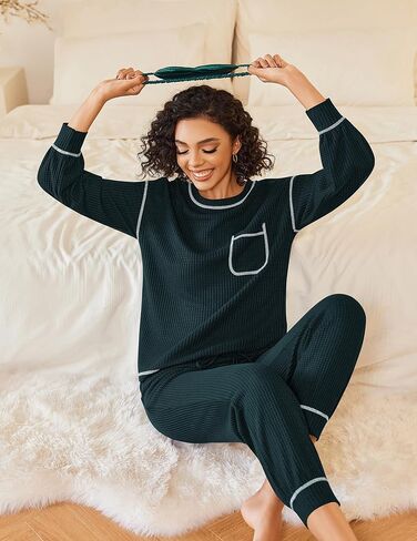Ekouaer Womens Pajamas Set Waffle Knit Long Sleeve Lounge Set 2 Piece Pj Loungewear Sleepwear S-XXL in Kuwait