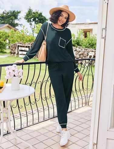 Ekouaer Womens Pajamas Set Waffle Knit Long Sleeve Lounge Set 2 Piece Pj Loungewear Sleepwear S-XXL in Kuwait