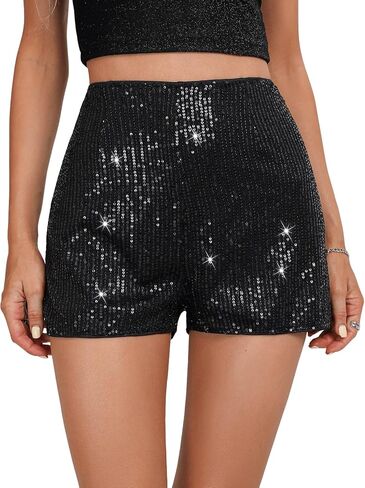 SweatyRocks Women's Sequins High Elastic Waist Straight Leg Shorts Solid Glitter Party Shorts in Saudi Arabia