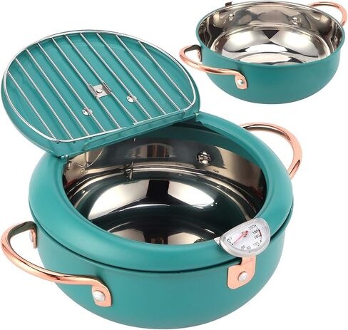 Deep Fryer Pot 304 Stainless Steel With Temperature Control And Lid Japanese Frying Pot with Thermometer Japanese Stainless Steel Fryer Pan for Induction Cooker Deep Green in Saudi Arabia