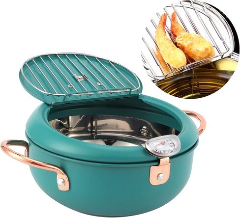 Deep Fryer Pot 304 Stainless Steel With Temperature Control And Lid Japanese Frying Pot with Thermometer Japanese Stainless Steel Fryer Pan for Induction Cooker Deep Green in Saudi Arabia