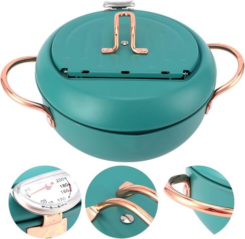 Deep Fryer Pot 304 Stainless Steel With Temperature Control And Lid Japanese Frying Pot with Thermometer Japanese Stainless Steel Fryer Pan for Induction Cooker Deep Green in Saudi Arabia