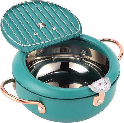 Deep Fryer Pot 304 Stainless Steel With Temperature Control And Lid Japanese Frying Pot with Thermometer Japanese Stainless Steel Fryer Pan for Induction Cooker Deep Green in Saudi Arabia