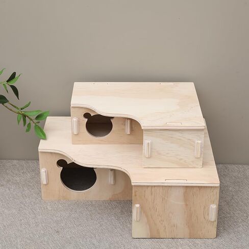 Tiny Hamster Maze Wood House Fun Slide House Double-Decker Hut for Dwarf Gerbil Mouse Mice Rat Small Animals(Only for Small Hamster)，Wooden Hamster Hideout for Small Animal-Three Holes in Saudi Arabia