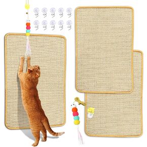 Cat Scratching Mat Sisal, 2 Packs Natural Sisal Fabric 23.6" x 15.8" Cat Scratching Pad with Cute Playing Toy and Spiral Nails, Cat Scratching Rug Wall Scratchers for Fabric Sofa Couch Chair