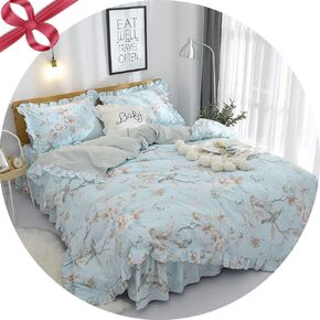 FADFAY Shabby Green Floral Bedding 100% Cotton Princess Lace Ruffle Girls Duvet Cover Set with Bedskirt, 4Pcs, Queen Size